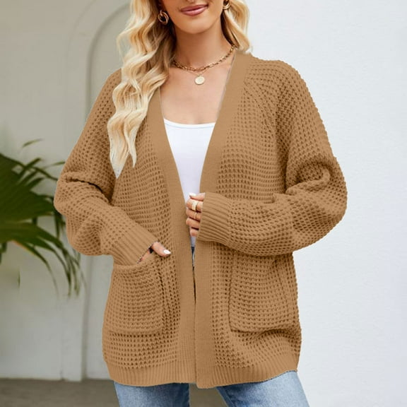 Lolmot Womens Cardigan Sweaters Long Sleeve Open Front Casual Lightweight Soft Knit Cardigan Waffle Chunky Cable Knit Sweater Coat Outerwear with Pockets