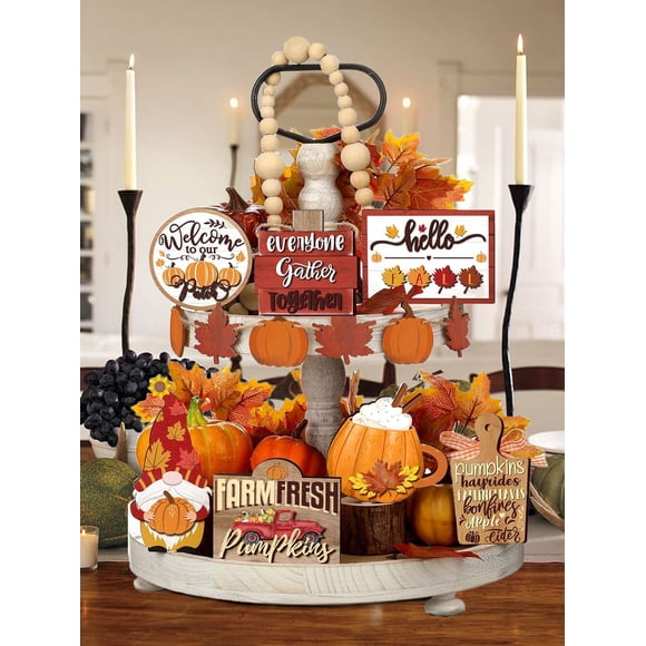 Fall Harvest Wooden Tiered Tray Decor Set - Farmhouse Autumn Centerpieces with Pumpkin Spice and Maple Leaf Accents