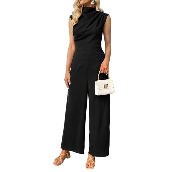 Women's Wide Leg Jumpsuit Mock Neck Cap Sleeve Elegant Dressy Casual Outfit