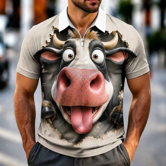 Men's 3D Graphic Shirts Short Sleeve Funny Animal Cow Print Quarter Zip Pullover Casual Summer Novelty Golf Tops Breathable Athletic T-Shirts for Men