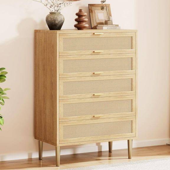 M optimized 5 Drawer Rattan Dresser, Tall Chest of Drawers, Large Dresser with Wide Top, Wood Dresser with Gold Legs and Gold Handles for Bedroom, Living Room