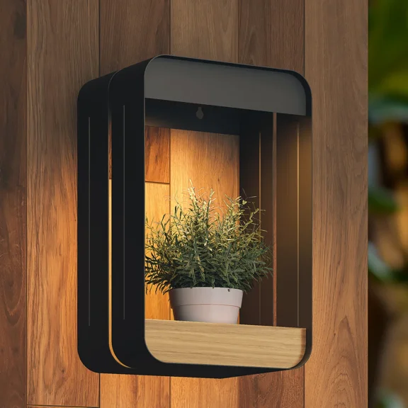 EVERITE Outdoor Wall Lights Steel LED Solar Power Wall Sconce Shelf, Black, S-Rectangle