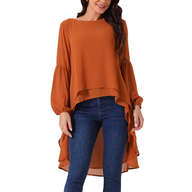 INSPIRAR CHIC Blusas Asimétricas de Manga Larga con Cuello Redondo para Mujeres, Casual y Elegante, Talla XL, Caramelo