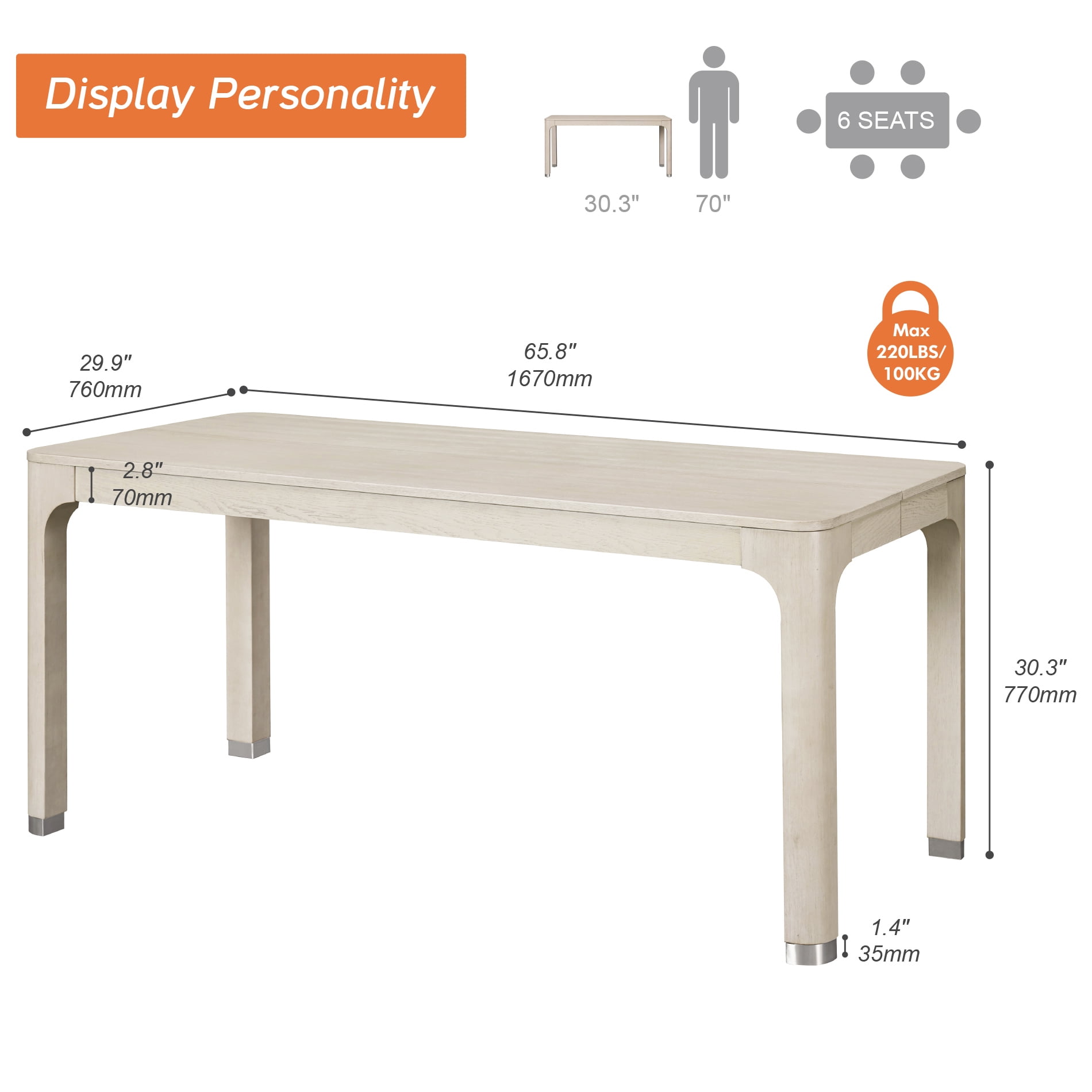 WAMPAT 7 Pieces Dining Room Furniture Set, 66" Rectangular Kitchen Table and Set of 6 Upholstered Solid Wood Dining Chairs
