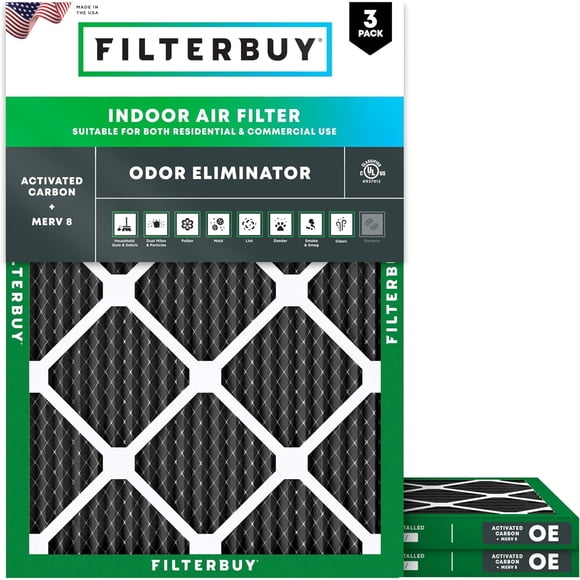 Filterbuy 16x20x1 MERV 8 (MPR 600) Odor Eliminator, Pleated HVAC AC Furnace Air Filters (3-Pack)