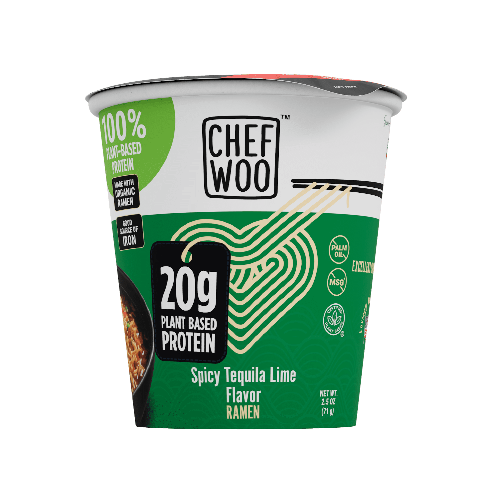 (12 pack) Chef WOO Spicy Tequila Lime Ramen, High Protein Noodles, 20g of Animal-free, Bioavailable Protein, 2.5 oz Cup