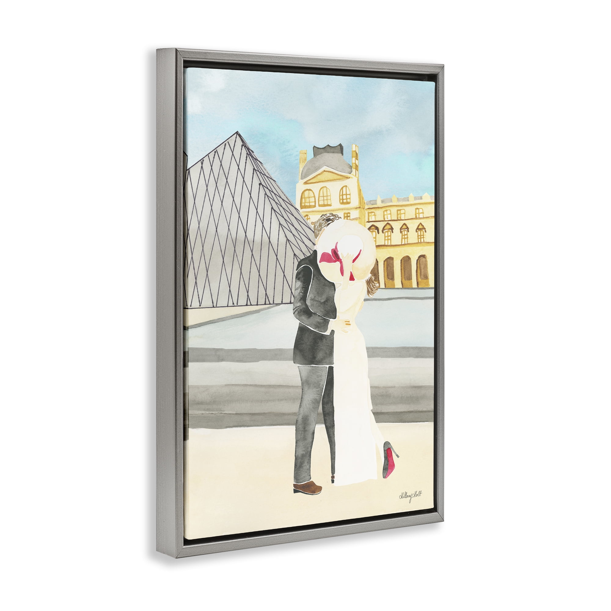 Stupell Industries Couple Embrace At The Louvre Gray Framed Floater Canvas Wall Art, design by Hillary Holt