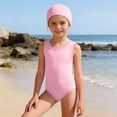 thumbnail image 2 of FINALGANG Girls 2 Piece Swimsuit Set Kids Solid Color One Piece Sleeveless Bathing Suit Matching Swim Cap For Training Performance Daily Wear Pink 13-14 Years, 2 of 4