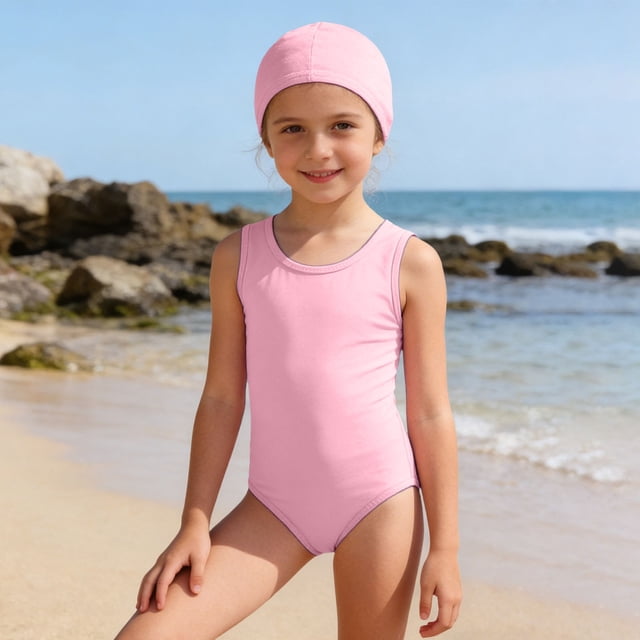 Girls Swimwear Solid Color with Matching Swim Cap for Girls Comfort and Easy Care Bathing