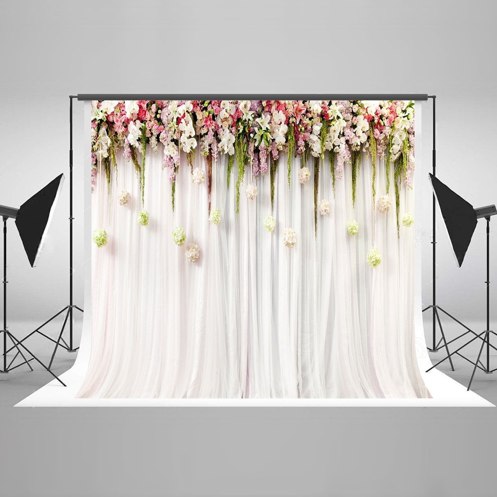 Gorgeous Indoor Floral Wedding Stage Backdrop 10x8ft Polyester Wedding Ceremony Booth Flower Wall Shiny White Curtain Carpet Bouquet Background Bridal Shower Bride Groom Portrait Event Shoot 