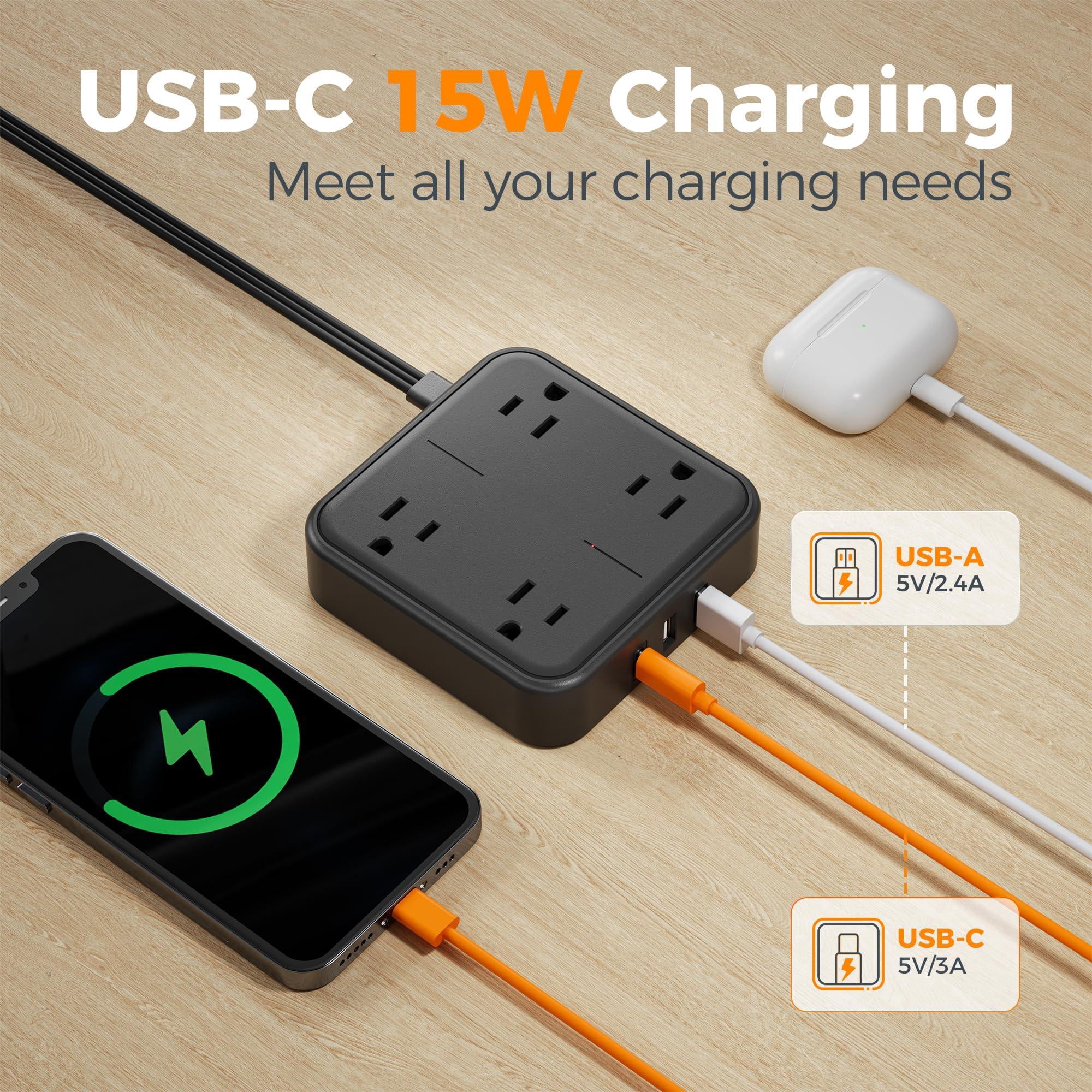 Surge Protector Flat Extension Cord 5ft  Plug Power Strip With 4 Outlets 3 Usb Ports (1 C) 900 Joules Protection Multiple Wall Outlet Extender Suitable For Home Office Dorm Black