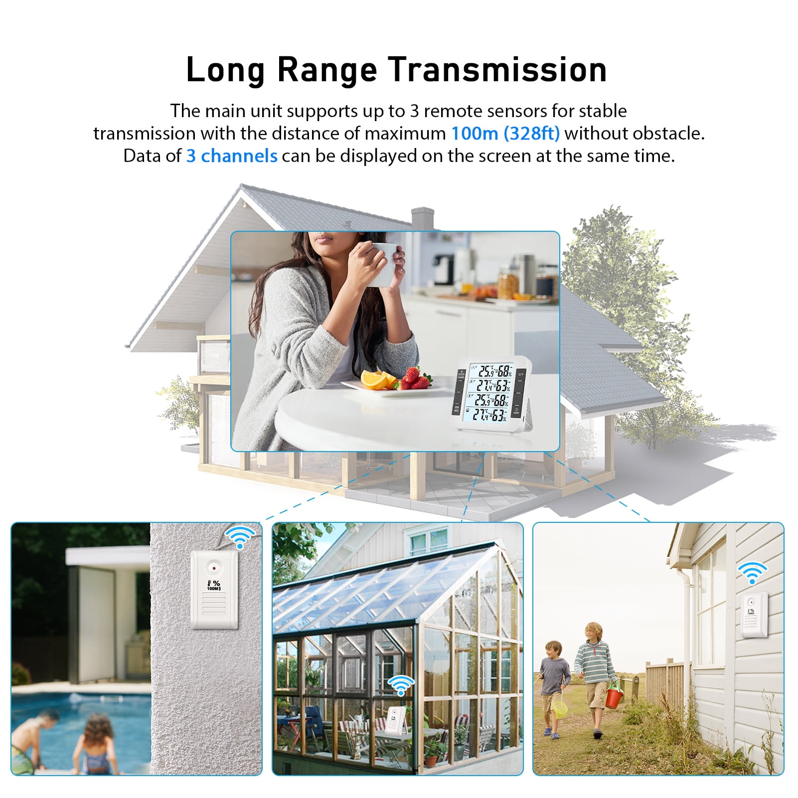 hygrothermograph,Indoor Remote 328ft/ 100m Temperature With 3 100m Thermometer Meter 3 Channel With Remote 328ft/ Thermometer With Real-time And Temperature Eryue Mewmewcat