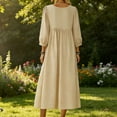 thumbnail image 4 of YUGYXL Gauze Beach Dress for Women 3/4 Puff Sleeve Smocked Waist Linen Maxi Dresses Trendy V Neck Long Beach Sundress Beige XL, 4 of 9