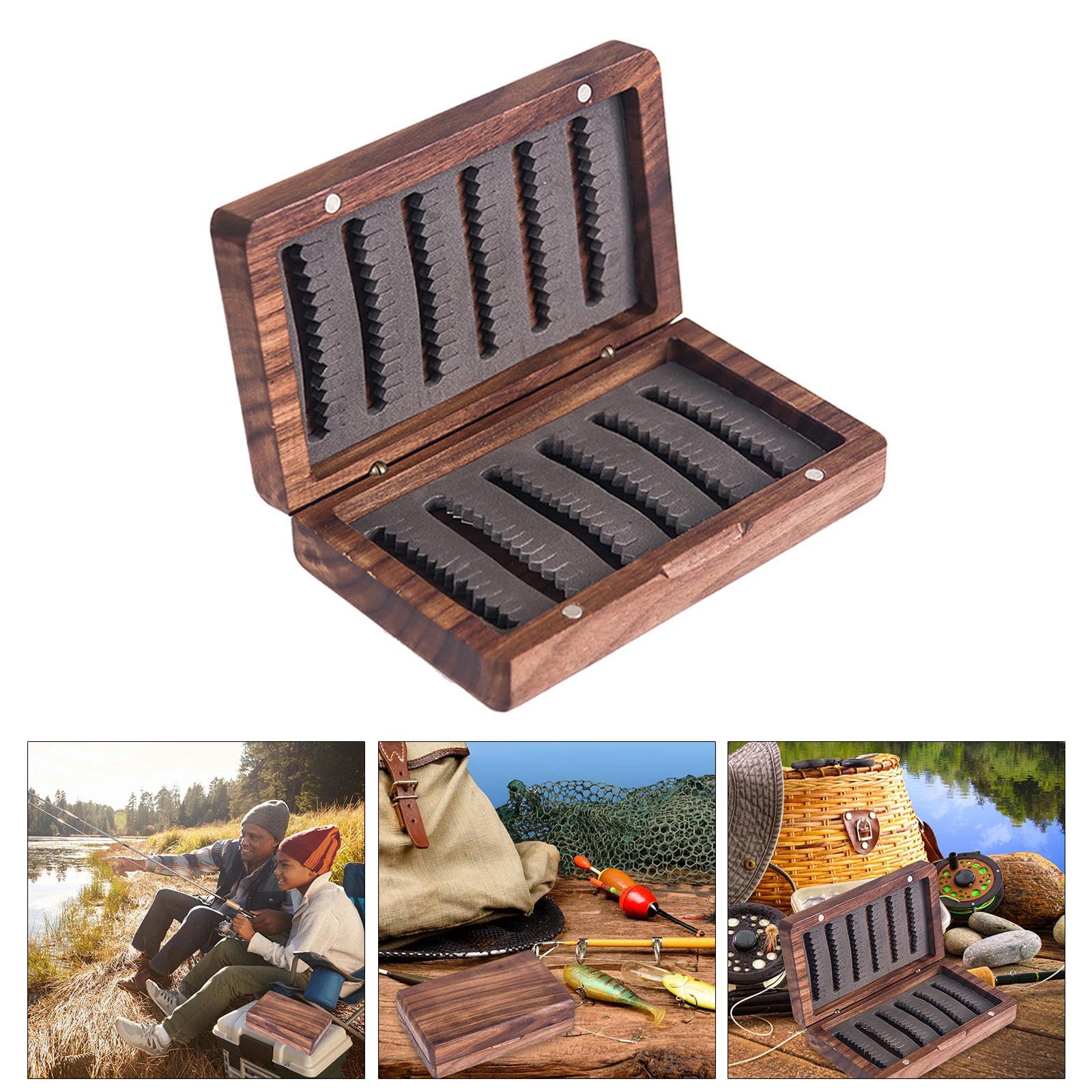 COOLHOOD Double Side Pockets Fly Fishing Box Containers Wood Fishing Tackle Box Fishing Tackle Hook Organizers Storage Case