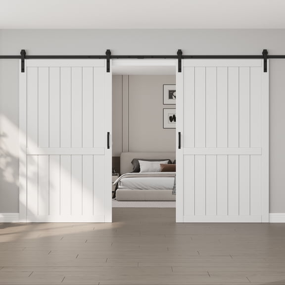 96''x84'' Double Sliding Barn Door with Installation Hardware Solid Manufactured Wood Primed Surface Paintable Closet Pantry Doors(Include Soft Close)