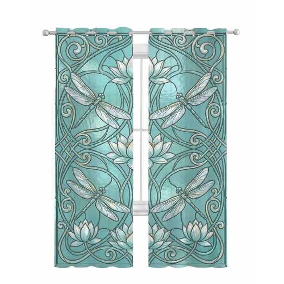 Teal Dragonfly Sheer Curtains 84 Inch Length 2 Panels Set for Living Room/Bedroom, Vintage Geometric Glass Animal Flower Kitchen Curtains Grommet Semi-Sheer Curtains Window Treatments 42"x84"x2