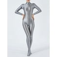 thumbnail image 2 of TiaoBug Women's Glossy Body Stocking Full Bodysuits Catsuits Yoga Mock Neck Zipper Jumpsuits Silver L, 2 of 6