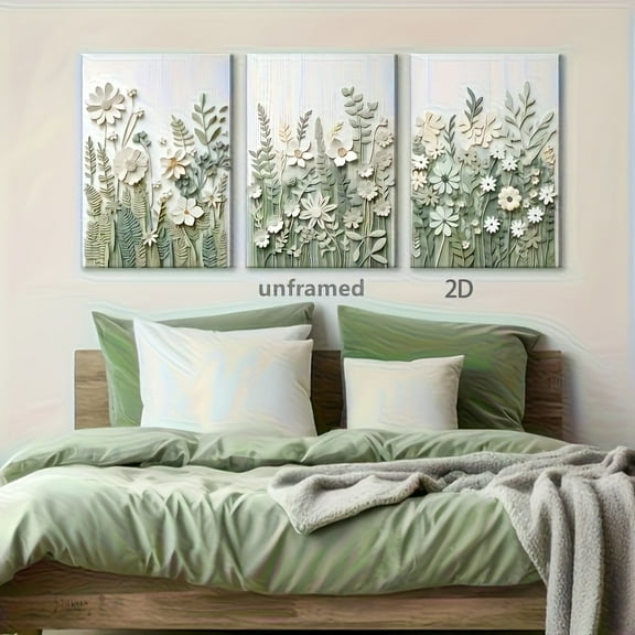 2D Flat, 3pcs Sage Green Wildflowers Canvas Wall Art Neutral Minimalist Abstract Boho Floral Botanical Painting Pictures Wall Decor Poster Print Artwork for Living Room Bedroom Home Decoration, 2D f