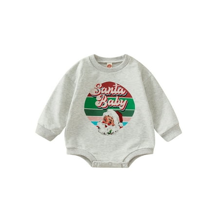 

Amuver Baby Girl Boy Christmas Romper Cartoon Santa Print Crew Neck Long Sleeve Snaps Sweatshirt Jumpsuit for Toddlers 0-18 Months