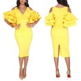 thumbnail image 3 of Vestido midi de noche de fiesta sexy elegante con cuello en V y hombros descubiertos con mangas con volantes lisos Vestido ajustado Adepaton WRMH-225-25, 3 of 6
