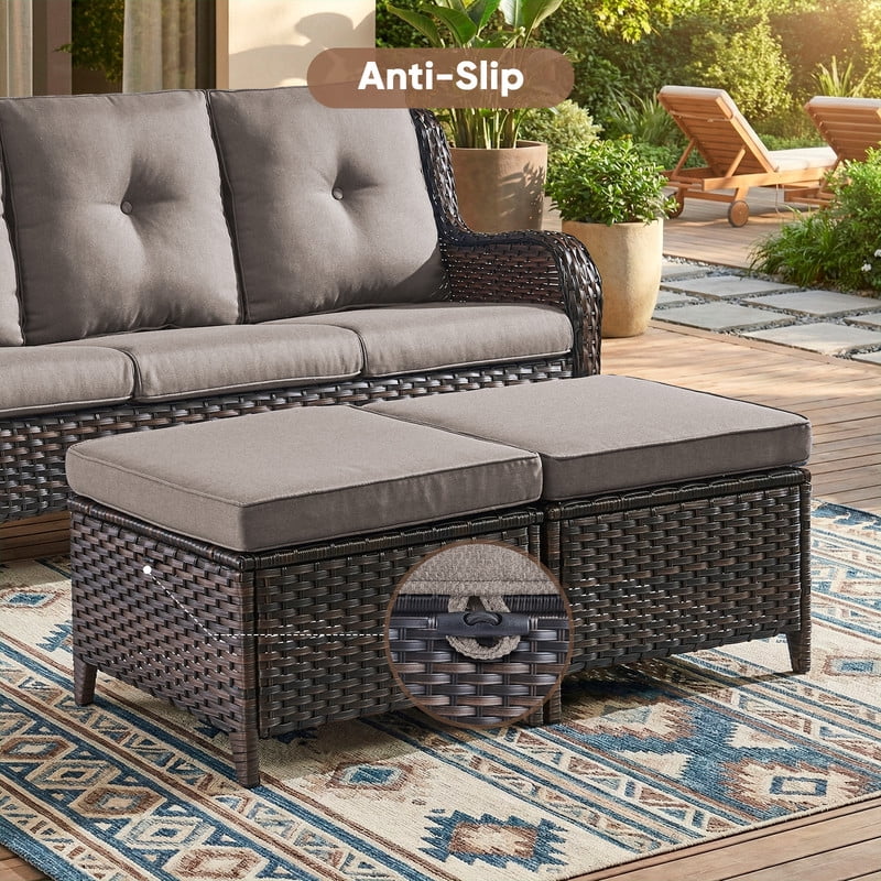 PARKWELL Outdoor Patio Wicker Furniture Set - 5 Piece Sectional Sofa Set with 3-Seat Sofa,2 Chairs and 2 Ottomans,Brown Wicker and Gray Cushion