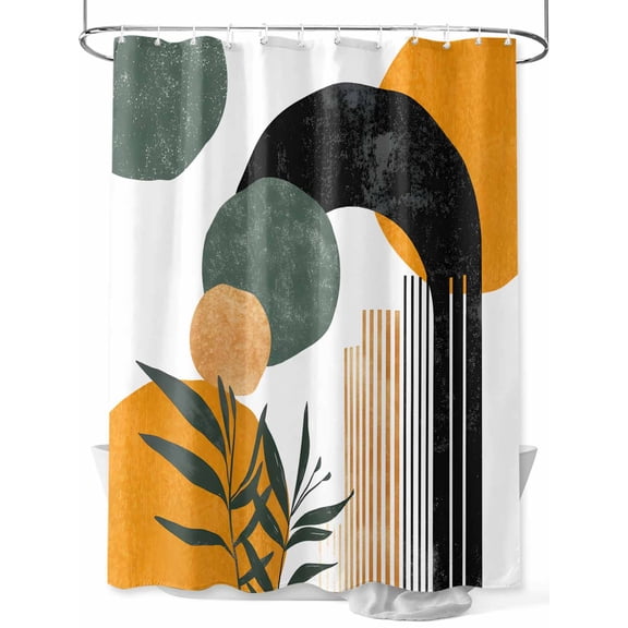 Shower Curtain Orange Boho Bathroom Curtains with Hooks, Waterproof Fabric Geometric Line Leaves Bath Shower Curtains Set for Bathroom Bathtubs Decor 72x72 Inch