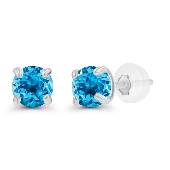 Decadence Sterling Silver Rhodium 3mm Round Natural Swiss Blue Topaz December Birthstone Stud Earrings For Women