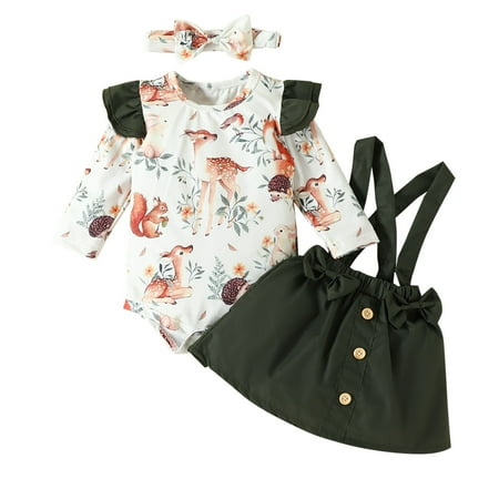 

0-18Months Fall Winter Baby Girls Clothing Sets Cute Cartoons Printed Long Sleeve Bodysuit and Suspender Dress Set 3Pcs Girls Boutique Outfits