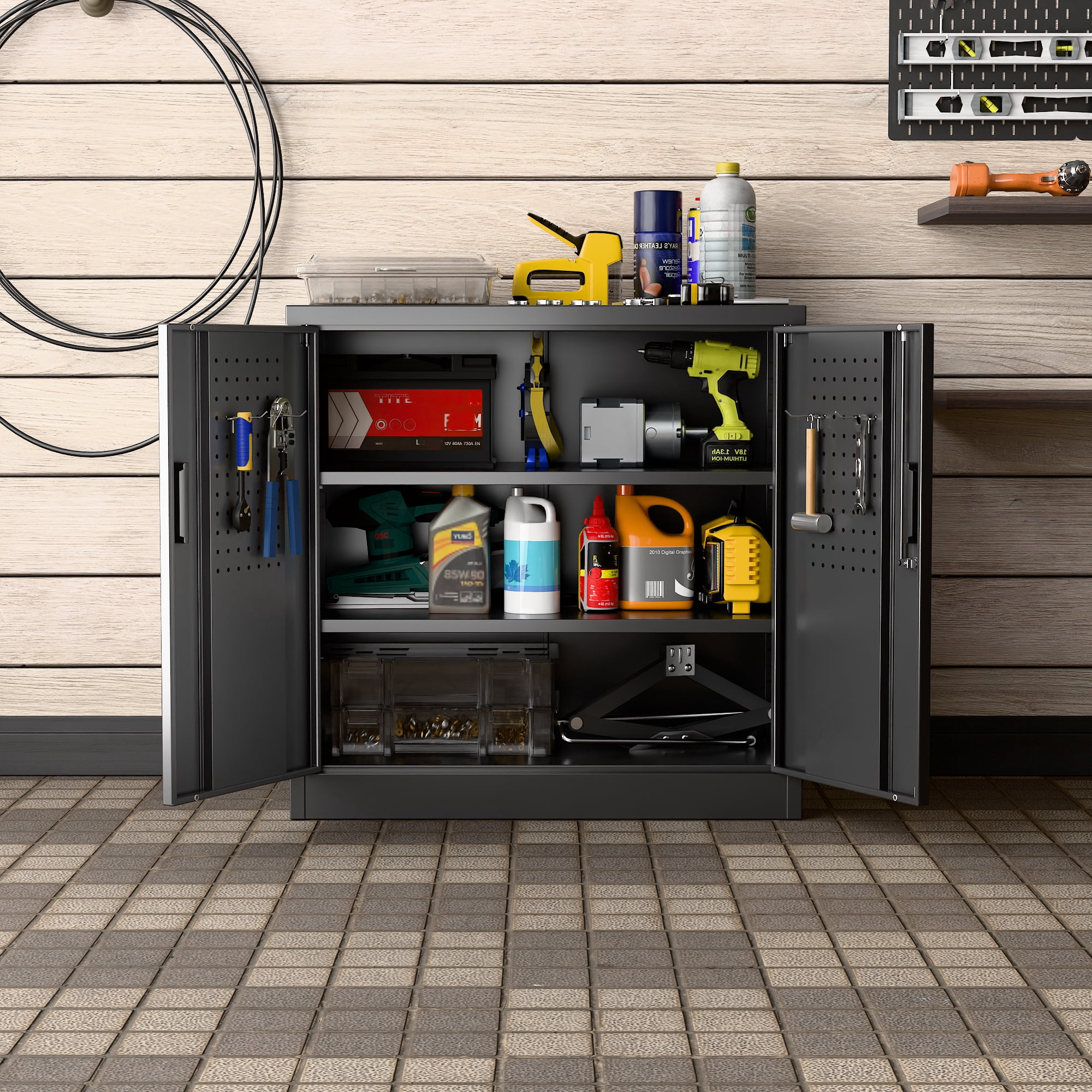 GangMei Metal Garage Storage Cabinet with Wheels,32" H Top Workbench Mobile Tool Chests Garage Cabinets with Pegboards,Tool Cabinets for Home,Office,Shop，Assembly Required, Black