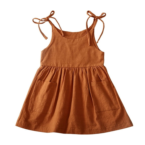 OSOLU Toddler Kids Girls Solid Color Cotton Linen Pockets Sleeveless Beach Straps Dress Princess Clothes Holiday Dailywear, 12-18 Months