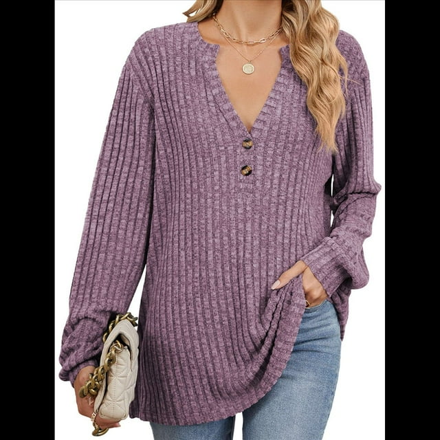 Camisa Henley de Larga para Mujer, Cuello en V, Suéteres Casuales Elegantes, Ropa de Moda para Otoño. Rojo Púrpura XXL