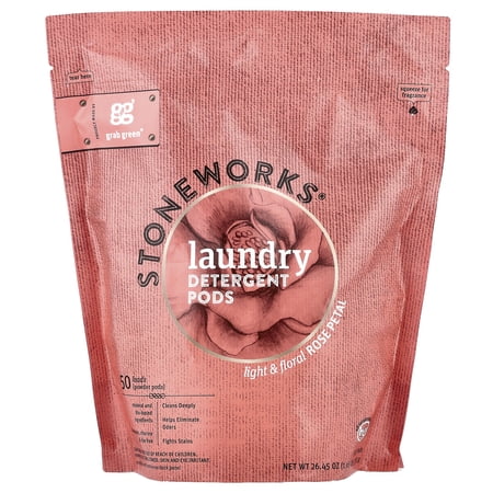 Grab Green Stoneworks Natural, Eco-Friendly Detergent Powder Pods, Rose Petal, 50 Loads