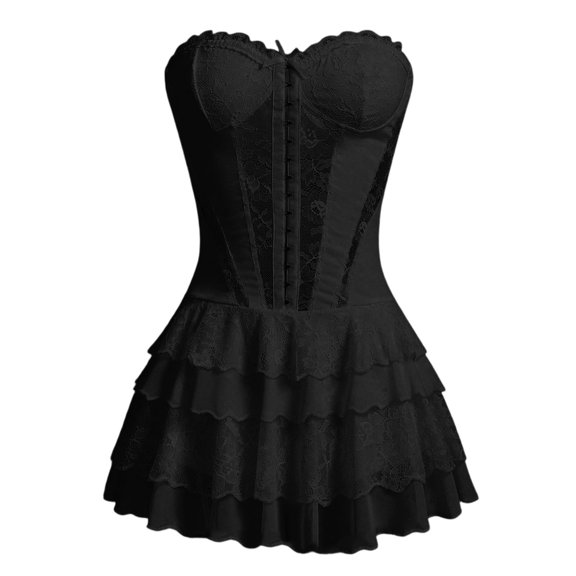 FASHOFT Black Renaissance Corset Top For Women Underwire Vest Puffy Skirt Uniform Set Boned Waist Cinching Slim Fit Cosplay Body Shaper Outfit Corset Dress L
