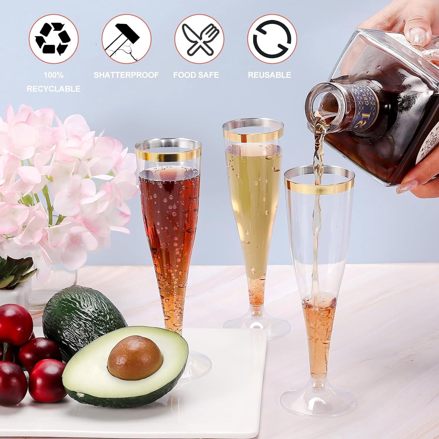 50 Pack Plastic Champagne Flutes Disposable, Gold Rim Champagne Glasses, 4.5 Oz Clear Disposable Champagnes Flute, Mimosa Glasses Plastic Toasting Glass for Wedding Party Supplies
