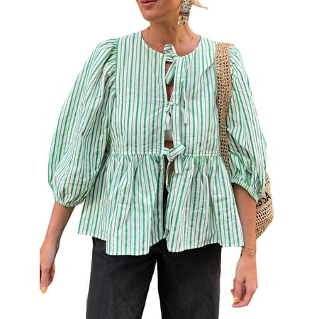 Sunwanar Women Puff Short Sleeve Shirts Front Tie Ruffle Hem Babydoll Peplum Blouse Cute Basic Lace Up Crop Tops