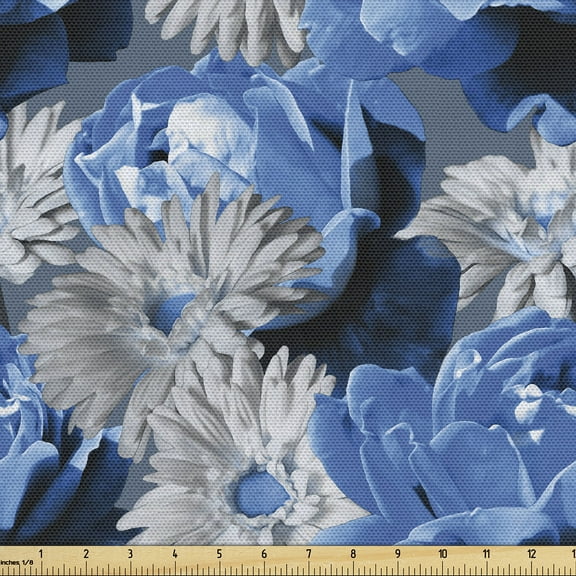 Ambesonne Floral Fabric by the Yard, Roses and Gerbera Art Garden, 1 Yard, Azure Blue and Pale Grey