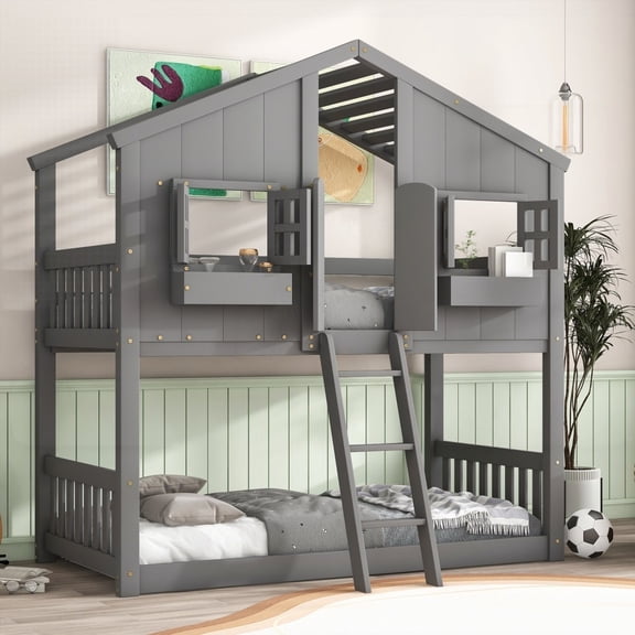 Twin over Twin House Bunk Bed in Grey - Roof, Window, Window Box, Door, Safety Guardrails & Ladder Included