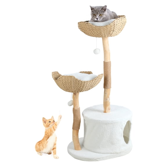 Hzsb 46" Modern Cat Tree, Solid Wood Cat Condo with 2 Baskets, Scratching Post, Indoor Large Cat Climbing Tower with Hiding Enclosure