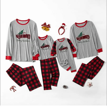 

Matching Family Pajamas Sets Merry Christmas Truck Driving Top and Plaid Pants Christmas Sleepwear