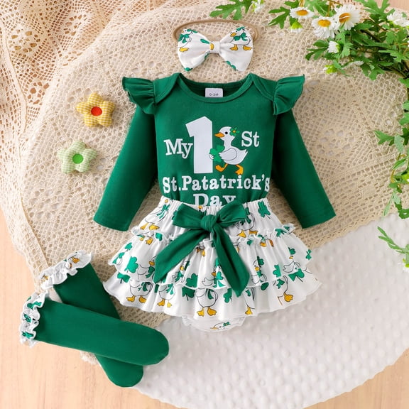 JIAYUE Sets For Girls St Patricks Day Outfits Cartoon Print Long Sleeve Crew Neck Snap Romper Skirt with Headband For Child Urban Fashion Clothing