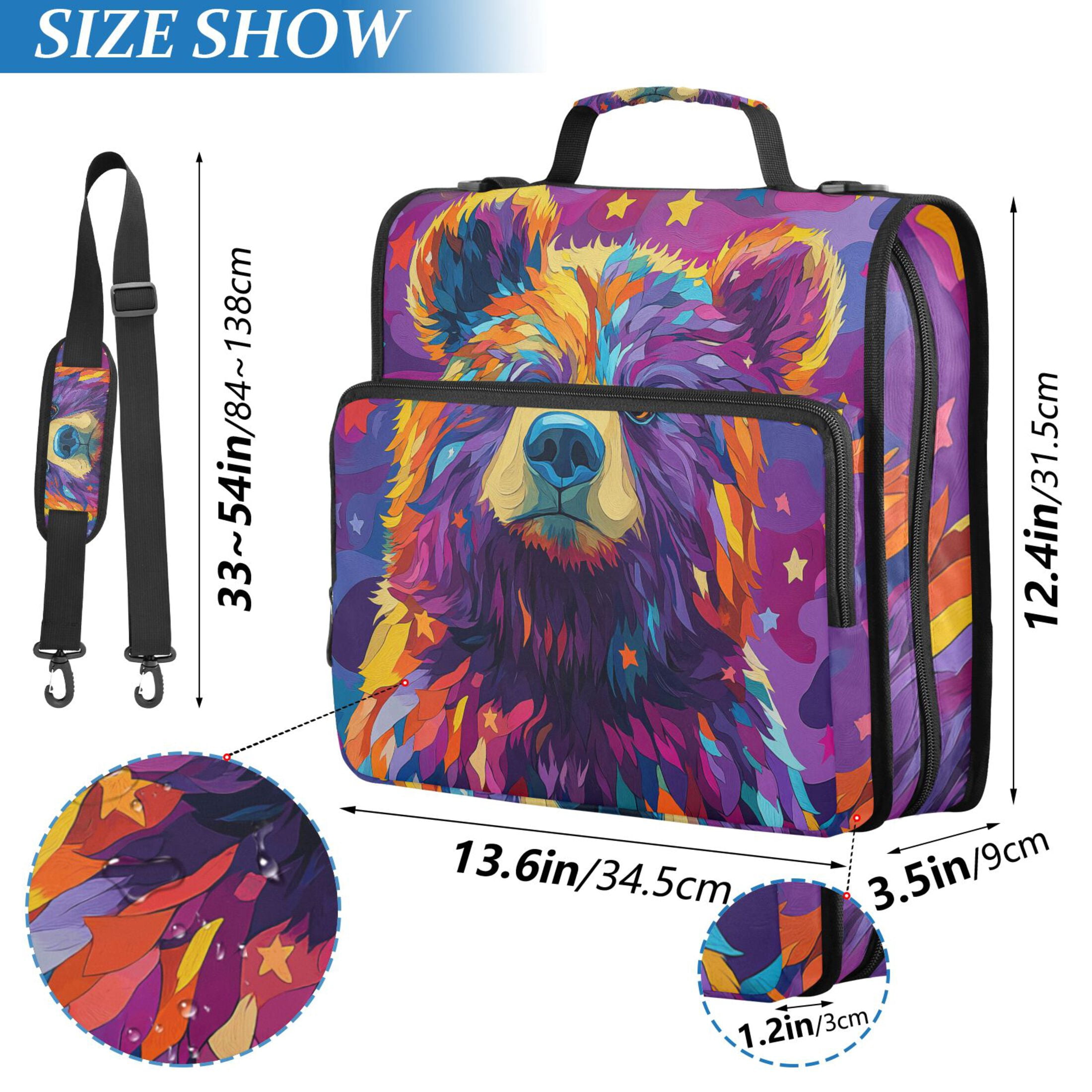 3 Ring Zipper Binder with Shoulder Strap Waterproof Trapper Keeper 2 Inch D-Ring 500 Sheets Capacity Colorful Bear and Star