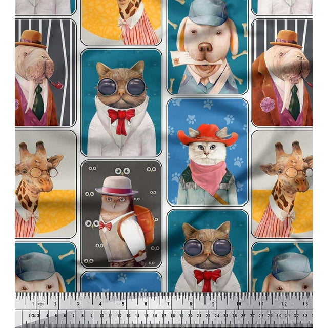 Soimoi Modal Satin Fabric Paw,Hat & Animals Patchwork Printed Craft Fabric by The Yard 42 Inch Wide