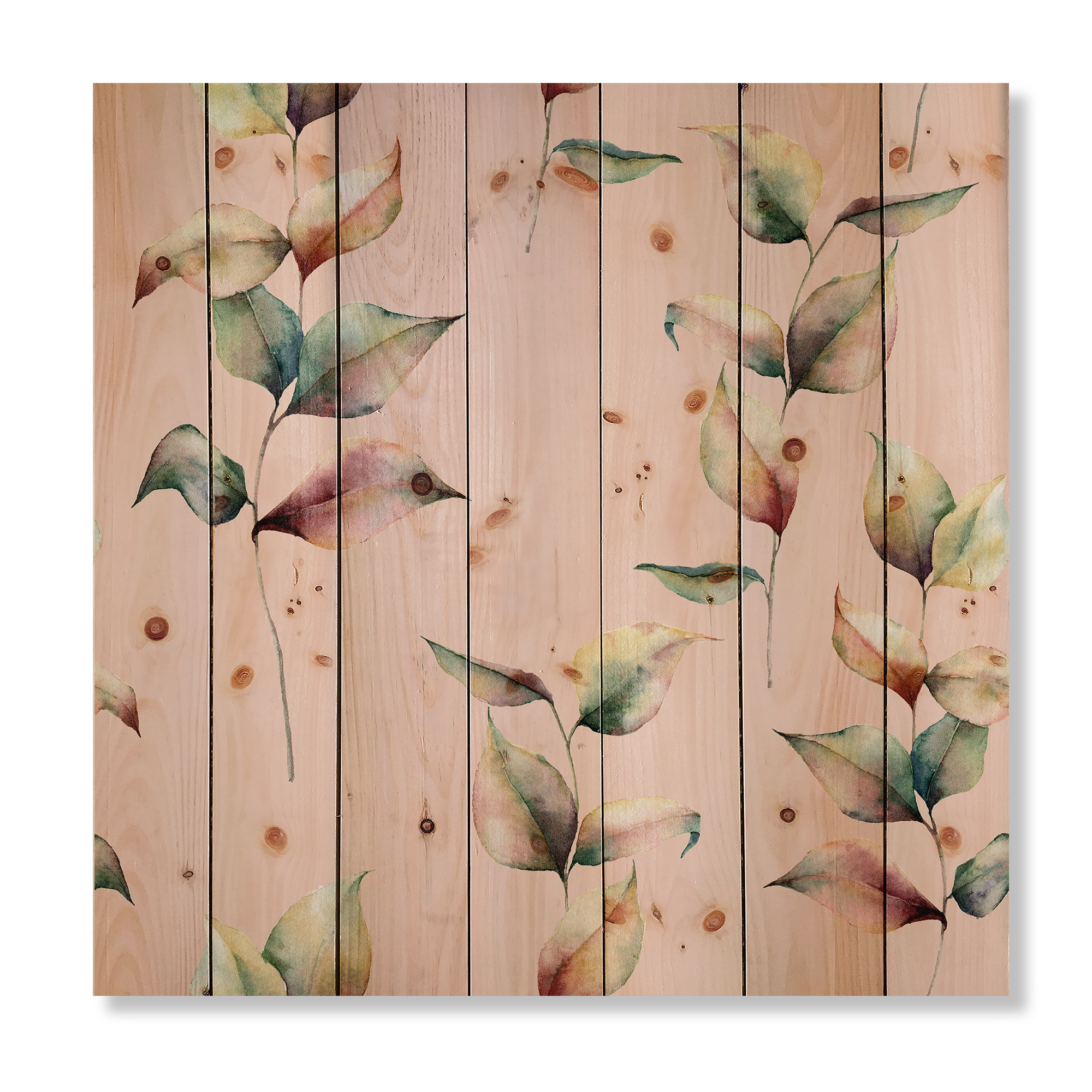 Designart 'Autumn Pink Leaves with Branch On Pastel Colors' Traditional Print on Natural Pine Wood