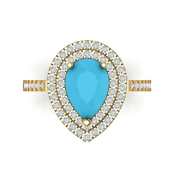 2.48 ct Pear Cut Simulated Turquoise with Simulated Diamond Halo Accents 14K Yellow Gold Womens Engagement Ring