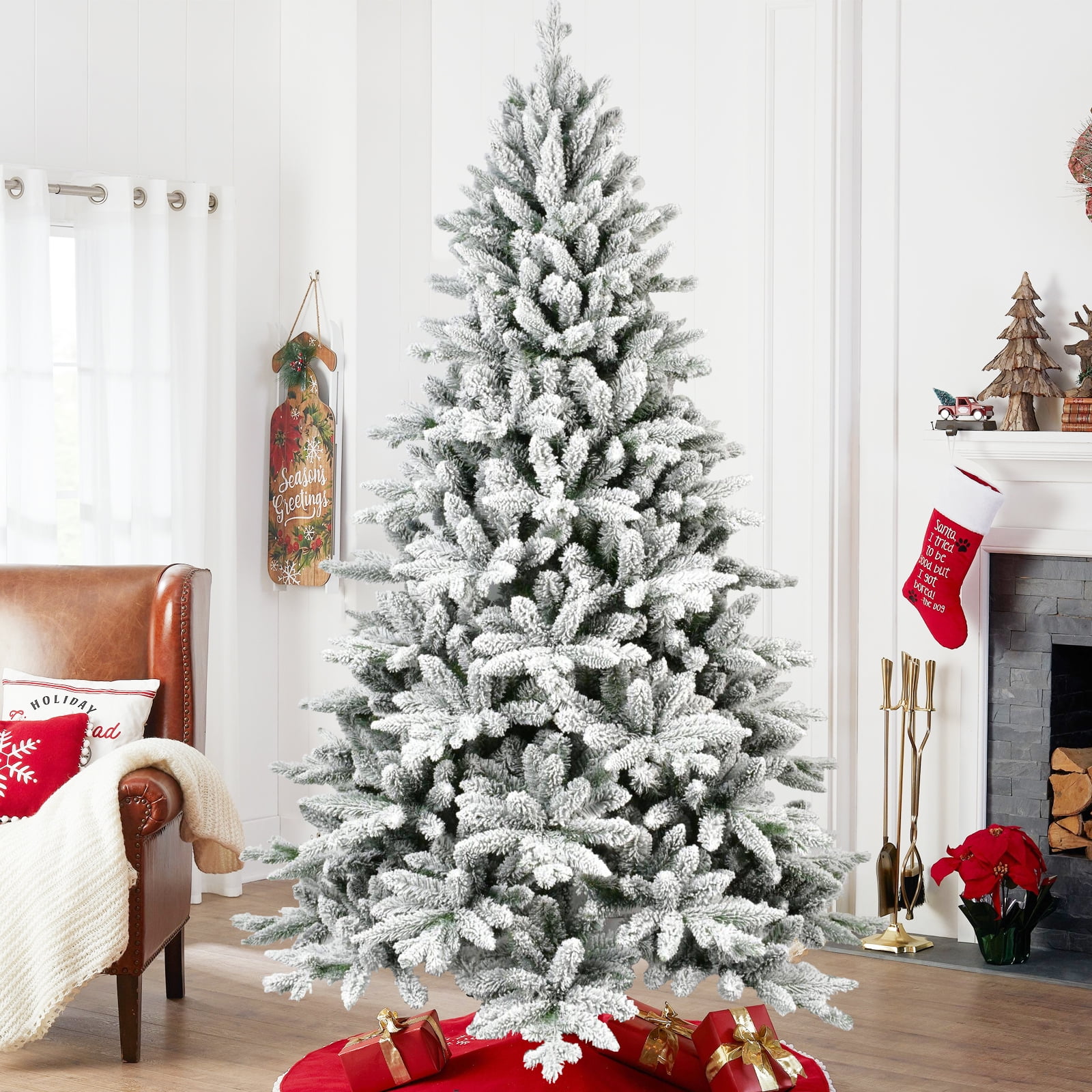 6 Ft Flocked Christmas Tree with 1100 Tips, Realistic PE+PVC Snowy Hinged Tree with Metal Stand, Full Artificial Xmas Tree for Holiday Decoration