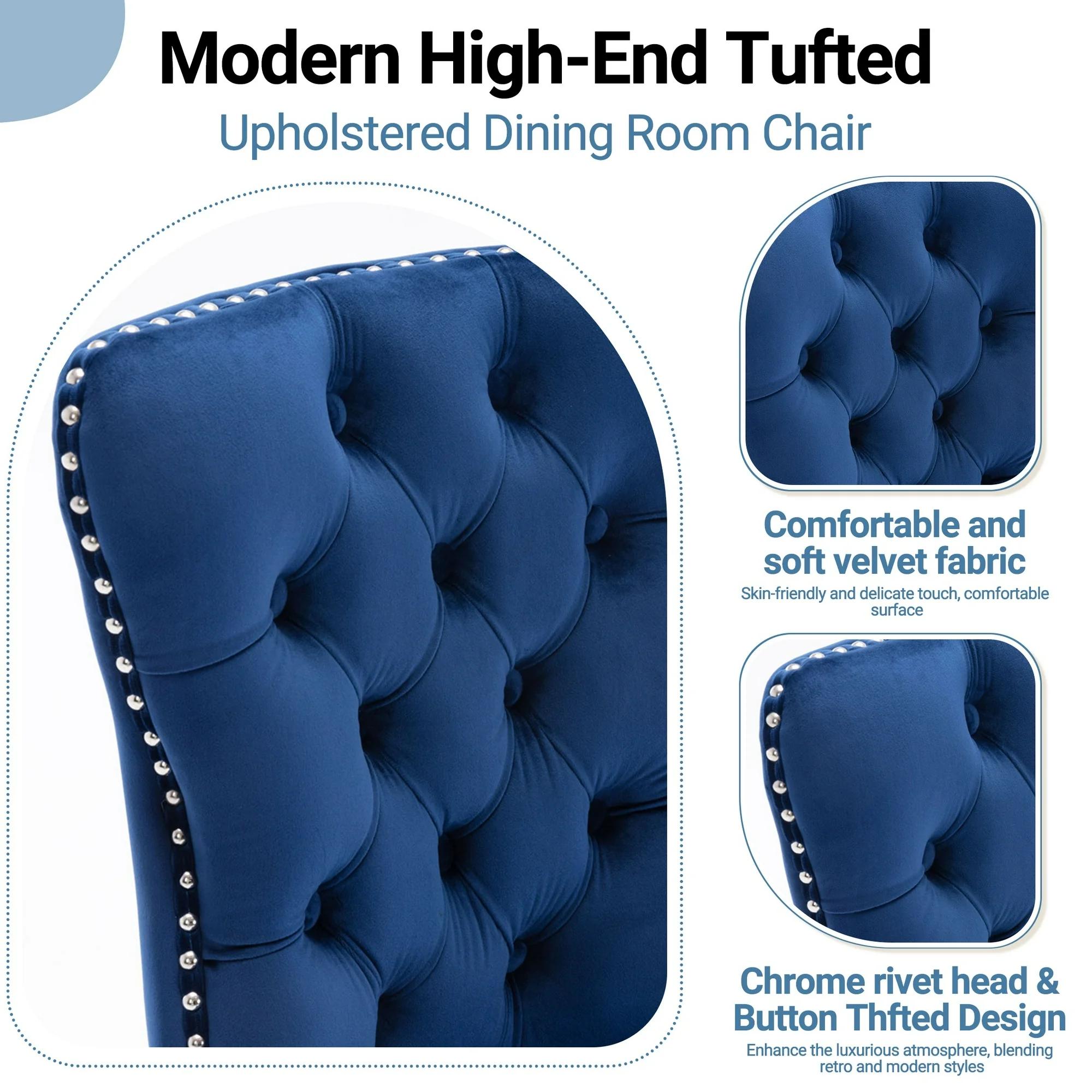 Dining Chairs Set of 2, Upholstered High-End Tufted Dining Room Chair with Back Ring and Nailhead Trim, Modern Velvet Kitchen Chairs with Solid Wood Legs for Kitchen, Home,Blue