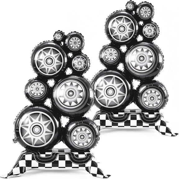 CYFW Race Car Balloons,2Pcs 3.5Ft Giant Self Standing Racing Tire Foil Balloons | Race Car Party Decoration with Checkered Base for Boys Birthday Parties,Racing Theme Events