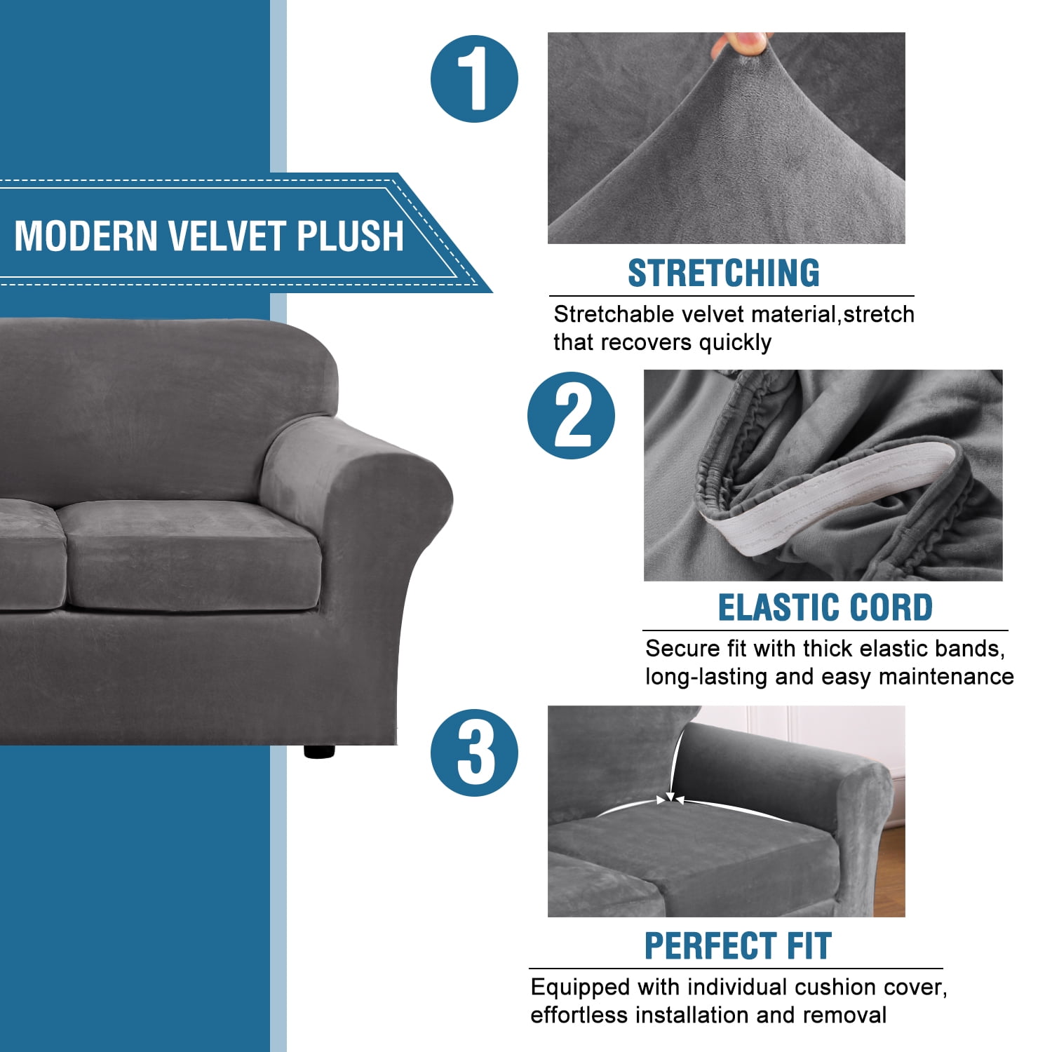 CJC 3-Piece Sofa Couch Covers, Velvet Loveseat Slipcover for Separate Cushion Couch, Stretch Furniture Protector for Pets Kids, 9 Colors