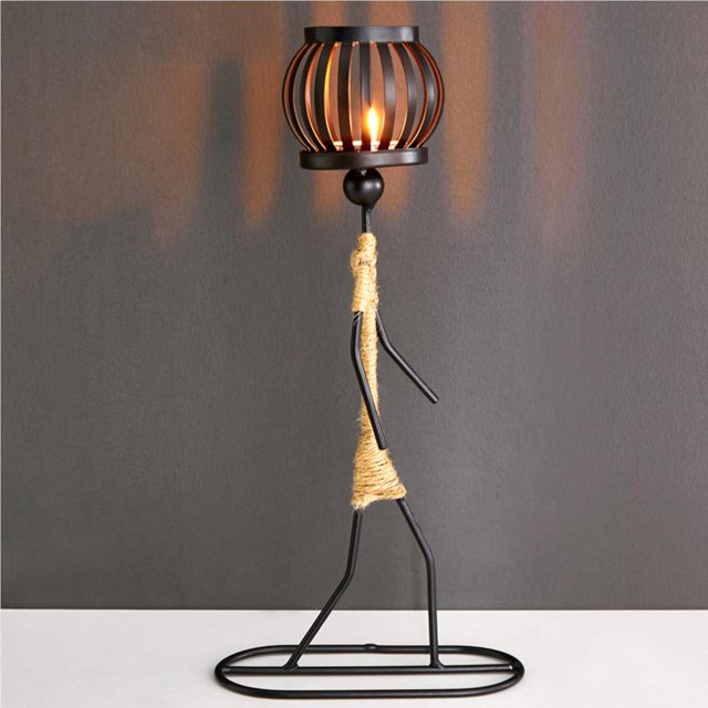 Girl Shape Candlestick Decorative Candlestick Exquisite Iron Candlestick Abstract Character Candlestick with Hemp Rope Detachable Frame for Bedroom Office Coffee Shop