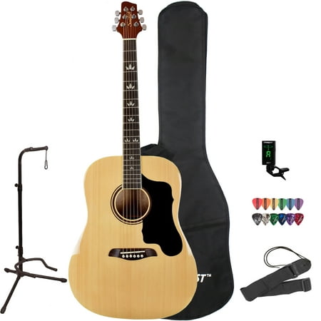 Sawtooth Dreadnought Folk Acoustic Guitar with ChromaCast Gig Bag, Tuner, Stand, Strap, Picks, and Black Pickguard